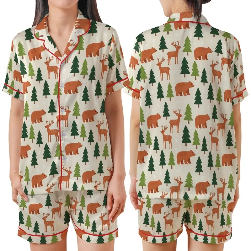 Cozy Woodland Animals: Illustrative Bear Deer Terracotta Green Pine Pattern Satin Short-Sleeve Pajamas Set - 1