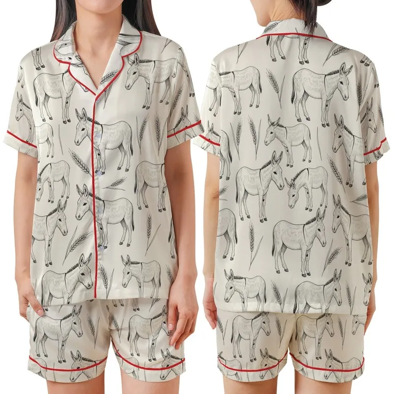 Vintage Donkey & Wheat Pattern: Hand-Drawn Pen & Ink Grayscale Sketch Motif Satin Short-Sleeve Pajamas Set - 1