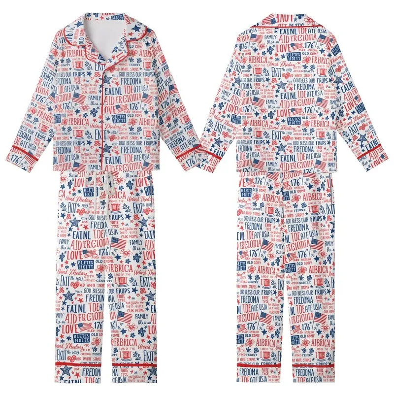 Women's Red White Blue Vintage Americana Liberty Collage Polyester Spandex Sleepwear Kid Satin Pajamas Set - 1