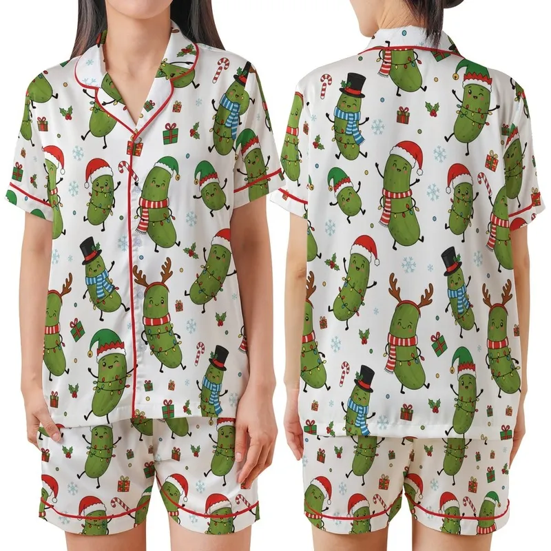 Whimsical Christmas Pickle Party: Festive Characters with Santa Hats, Antlers, & String Lights Print Satin Short-Sleeve Pajamas Set - 1