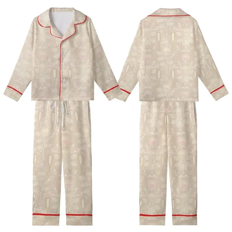 Celebration Ready Champagne Beige Rosebud Flute Pattern - Delicate Gold Blush Botanical Print Kid Satin Pajamas Set - 1