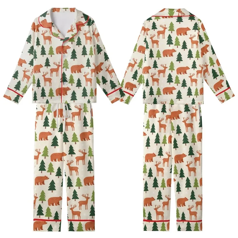 Cozy Woodland Animals: Illustrative Bear Deer Terracotta Green Pine Pattern Kid Satin Pajamas Set - 1
