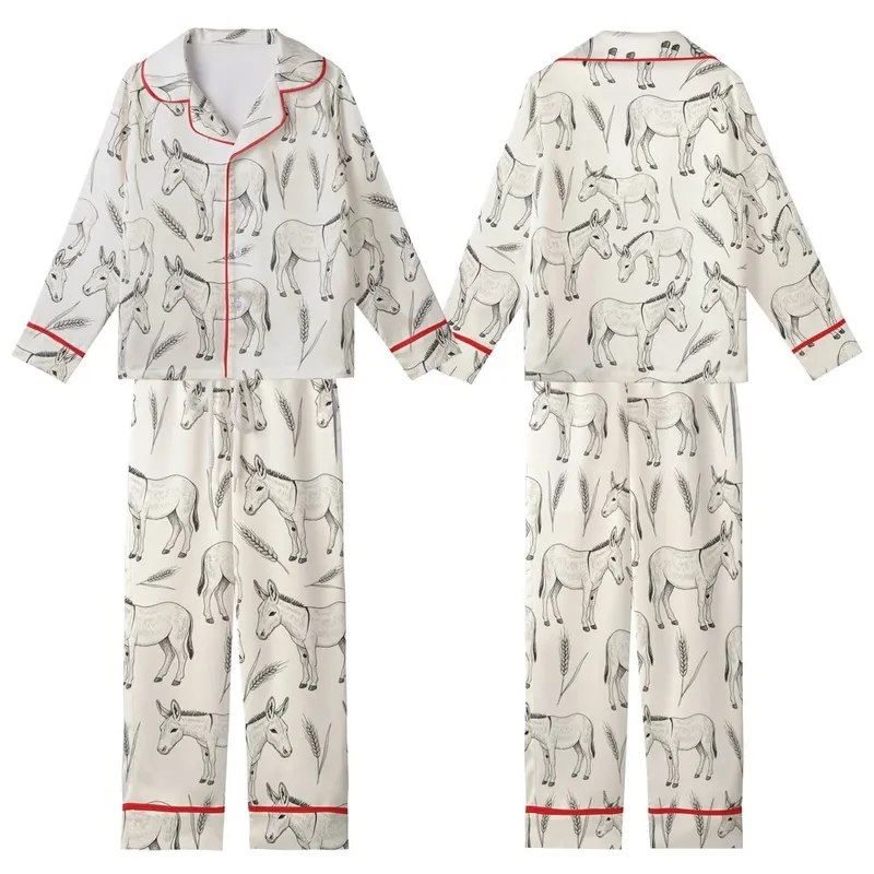 Vintage Donkey & Wheat Pattern: Hand-Drawn Pen & Ink Grayscale Sketch Motif Kid Satin Pajamas Set - 1