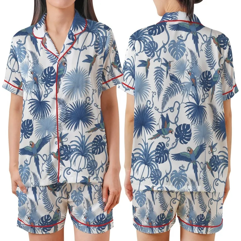 Azure Blooms Pyjama Set: Hand-Drawn Indigo Tropical Birds 100% Cotton Loungewear Gift Satin Short-Sleeve Pajamas Set - 1