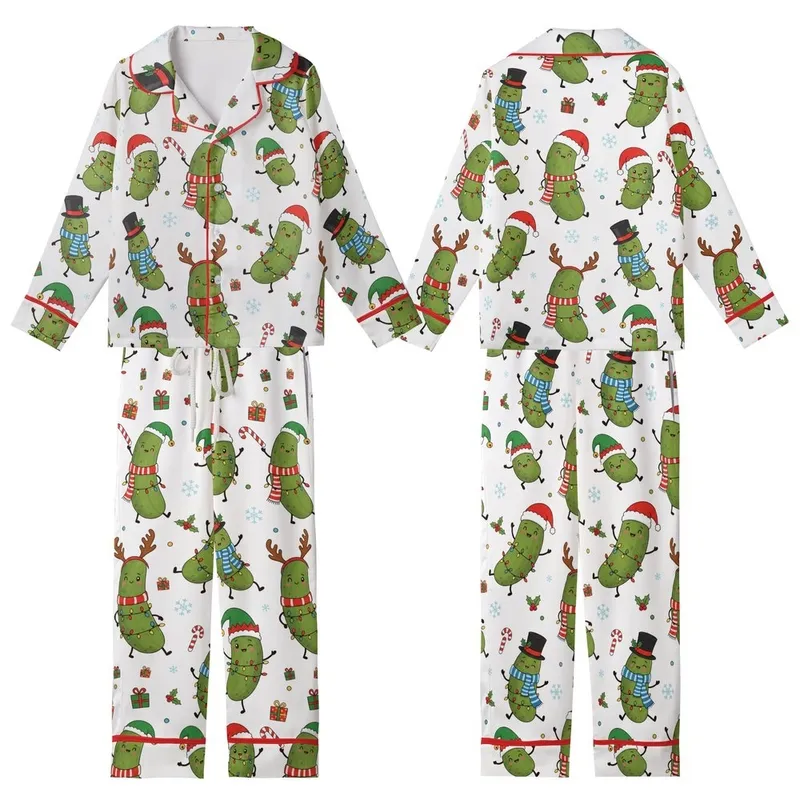 Whimsical Christmas Pickle Party: Festive Characters with Santa Hats, Antlers, & String Lights Print Kid Satin Pajamas Set - u7mk9zq3-8
