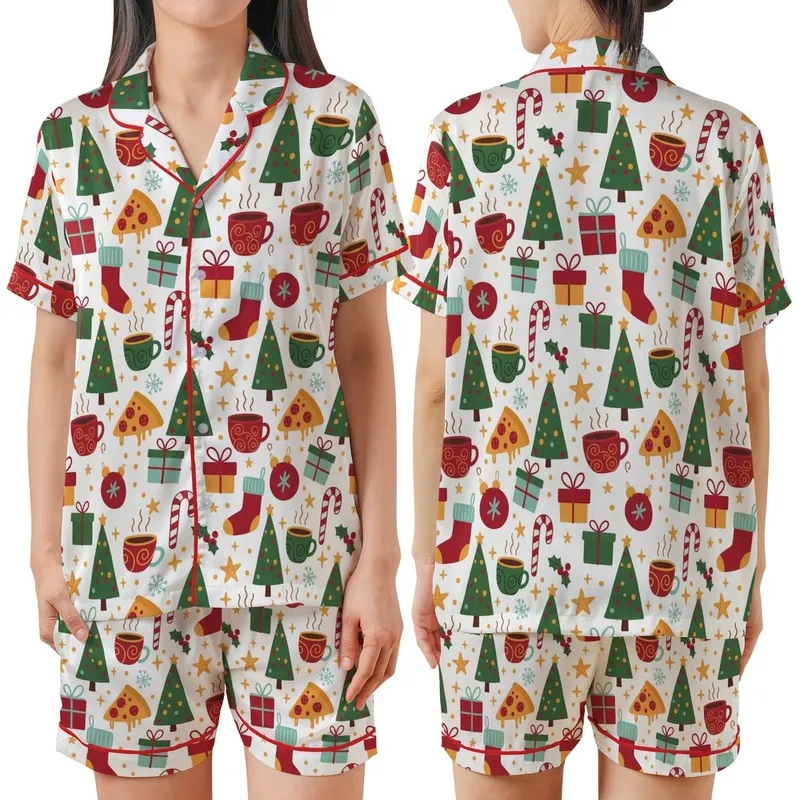Festive Pizza Pajamas: Whimsical Christmas Tree, Candy Cane & Hot Cocoa Pattern - Cozy Holiday Sleep Set Satin Short-Sleeve Pajamas Set - 1