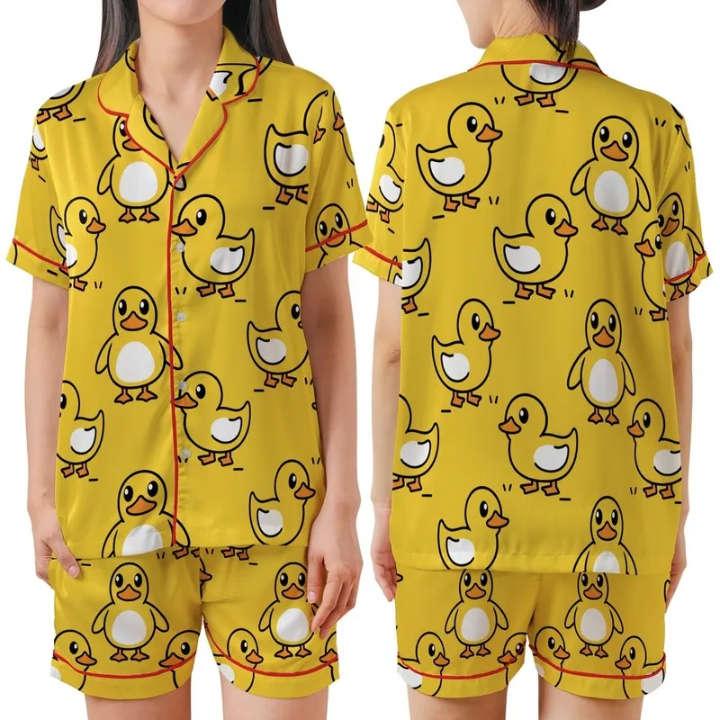 Playful Yellow Duck Pattern: Seamless Swimming Cartoon Ducks Flat Art Print Satin Short-Sleeve Pajamas Set - 1