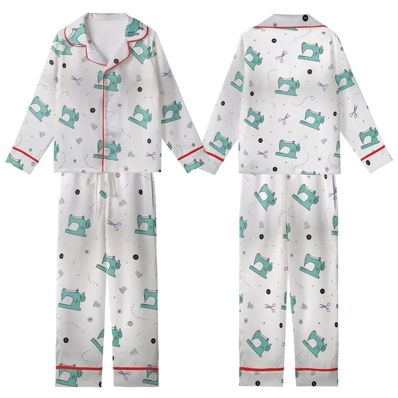 Sewing Enthusiast's Dream: Teal Machine, Thimble & Scissors Seamless Illustrative Design Kid Satin Pajamas Set - 1