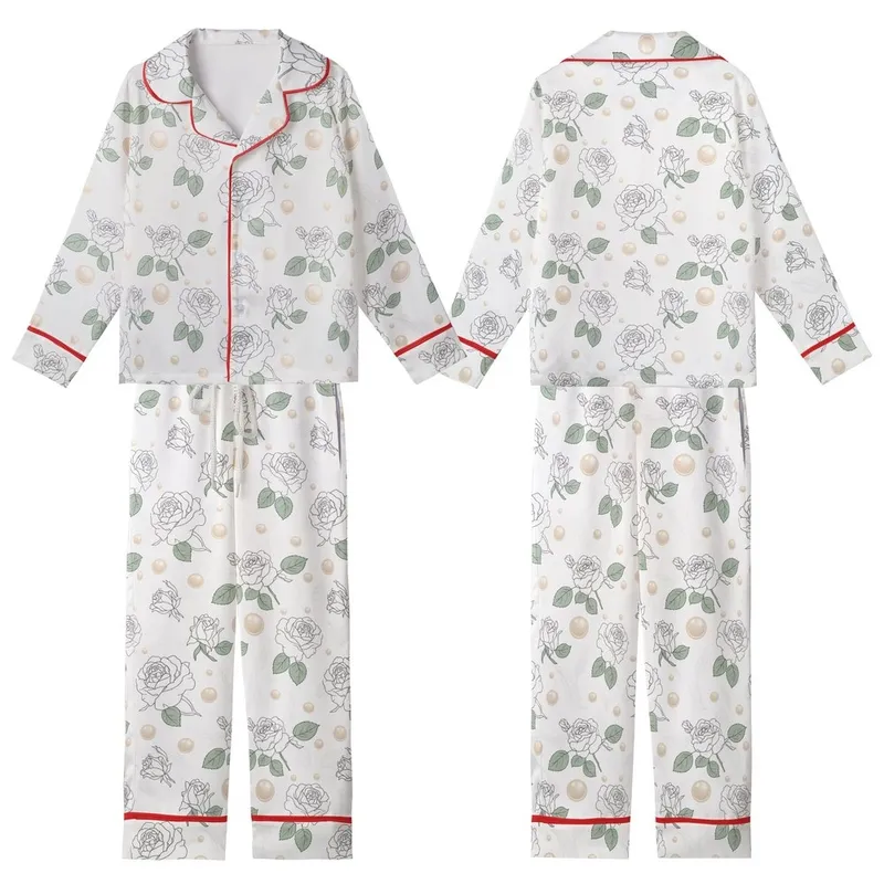 Bridal Slip | Pearl Rose Botanical Feather Motif Sleepwear Kid Satin Pajamas Set - 1