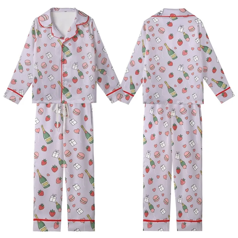 Women's & Family Whimsical Champagne, Macaron, Strawberry, Gift & Balloon Pajamas Set Kid Satin Pajamas Set - 1