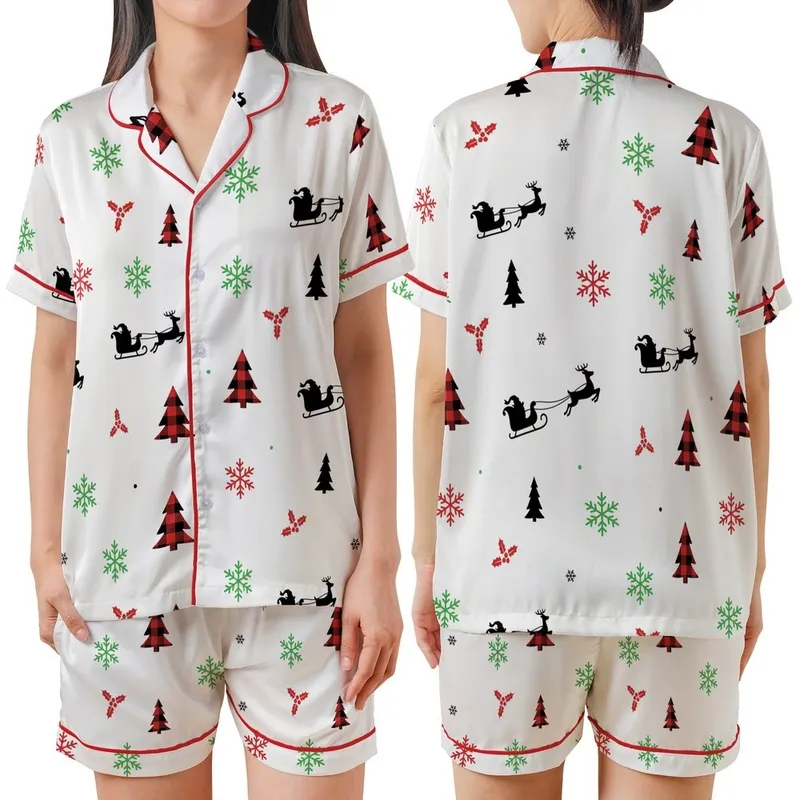 Holiday Decor: Rustic Reindeer Sleigh Seamless Pattern with Buffalo Plaid & Holly Satin Short-Sleeve Pajamas Set - 1