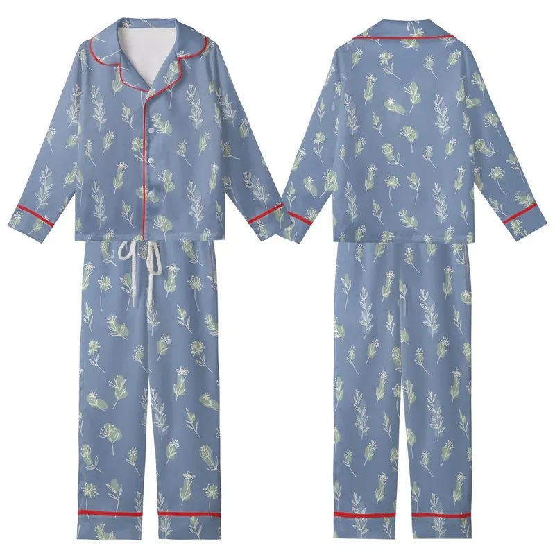 Women's Periwinkle Wildflower Print Gauze Cotton Pajama Set - Ruffle Top or Blouse Loungewear Kid Satin Pajamas Set - 1
