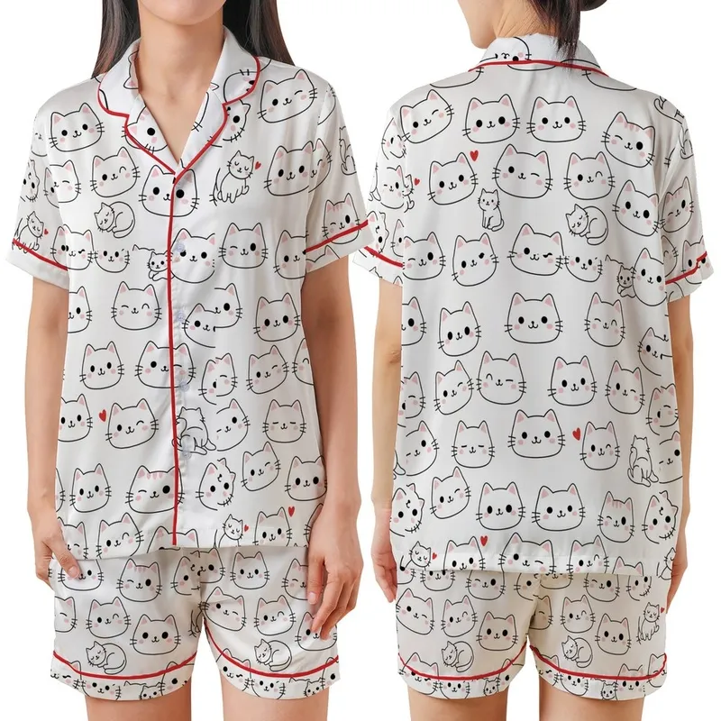 Cat Lovers' Whimsical White Pink Red Black Hand-Drawn Scattered Cartoon Cat Faces Hearts Pattern Satin Short-Sleeve Pajamas Set - 1