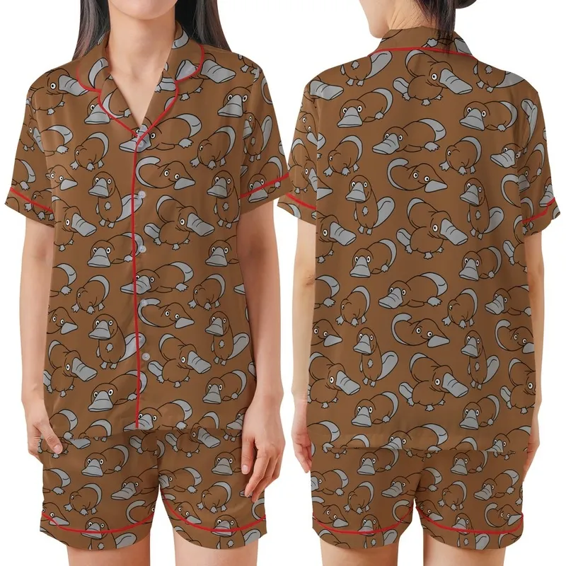 Platypus Lover's Whimsical Cartoon Brown Platypus Pattern All-Over Print Satin Short-Sleeve Pajamas Set - 1