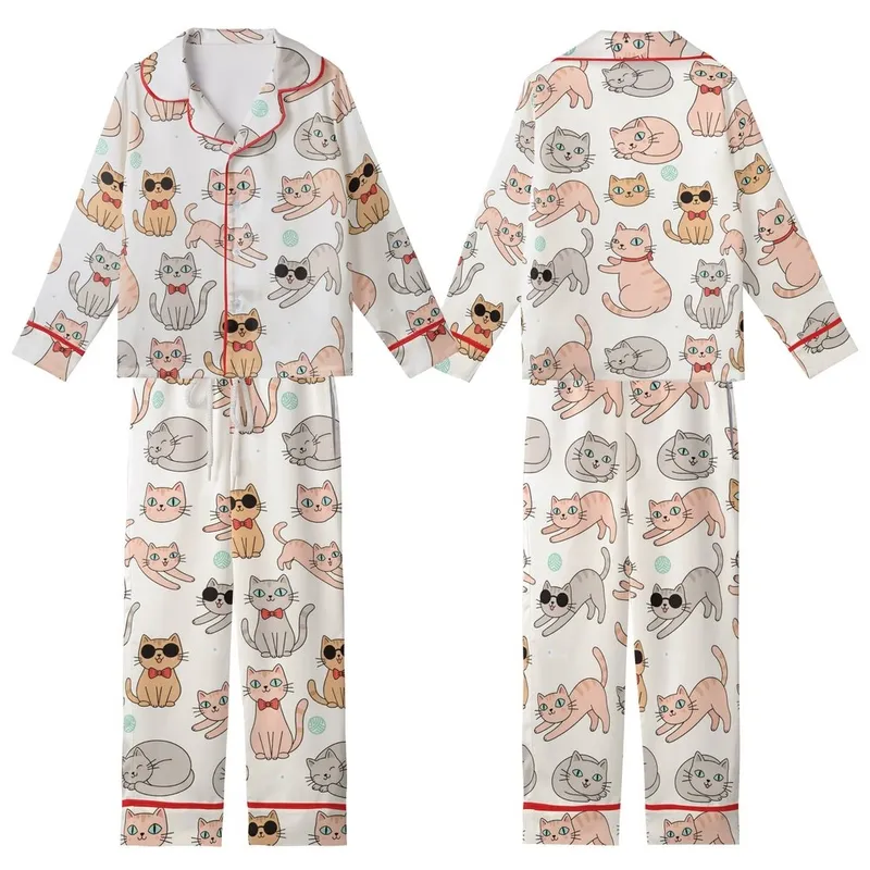 Cat Lovers' Whimsical Seamless Cartoon Cats Pattern: Light Pink, Peach, Gray Felines with Sunglasses & Red Bow Ties Kid Satin Pajamas Set - 1