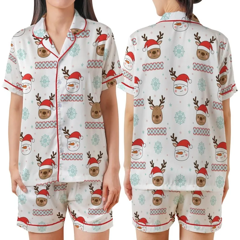 Cozy Christmas Pajamas: Cute Reindeer Snowman & Fair Isle Pattern Sleepwear Satin Short-Sleeve Pajamas Set - 1