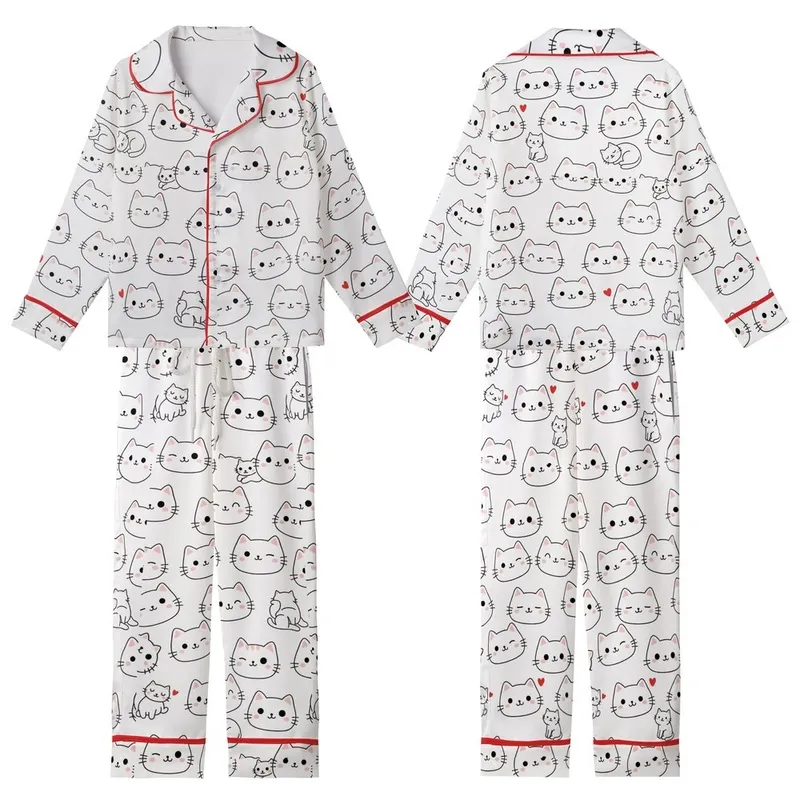 Cat Lovers' Whimsical White Pink Red Black Hand-Drawn Scattered Cartoon Cat Faces Hearts Pattern Kid Satin Pajamas Set - 1