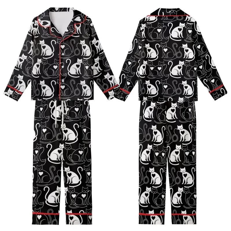 Cat Lovers' High-Contrast Black & White Cats Seamless Pattern with Stylized Hearts & Intertwined Tails Kid Satin Pajamas Set - 1