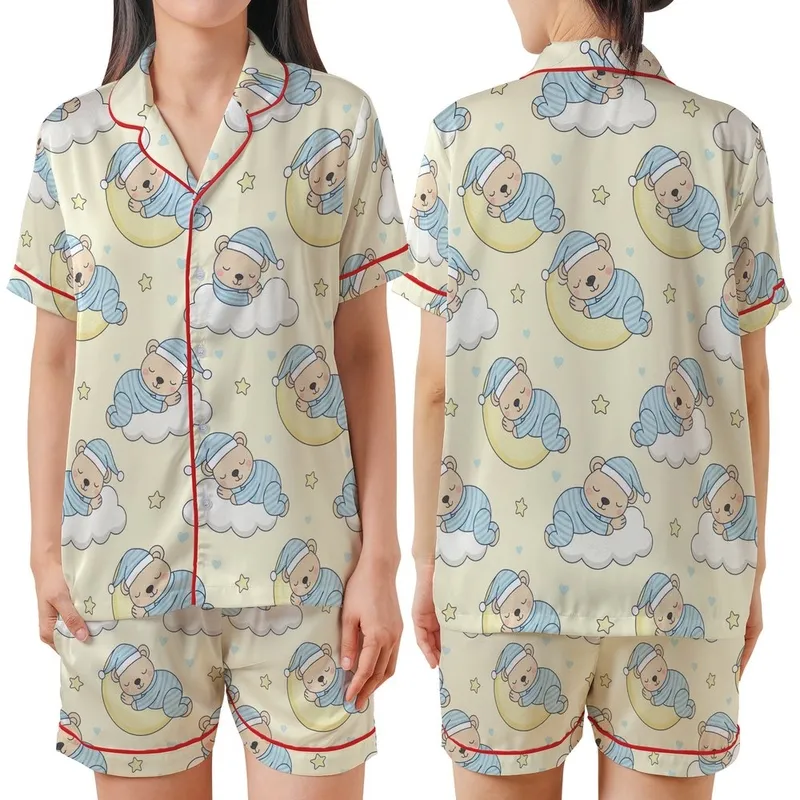 Whimsical Sleepy Bear Pastel Night Sky Digital Embroidery Design Kid Satin Pajamas Set - 1
