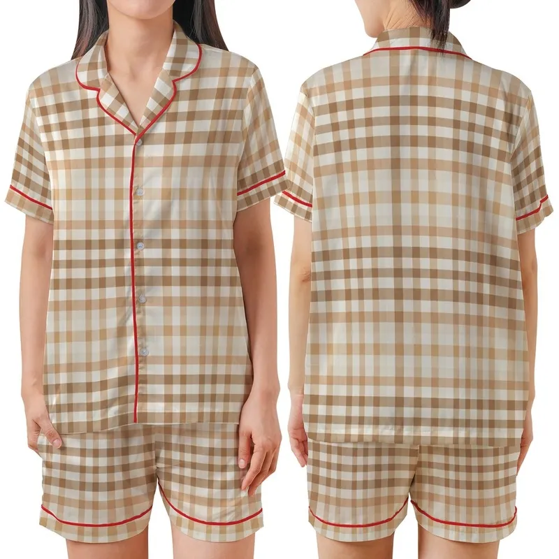 Women's Warm Brown Cream Geometric Plaid Organic Cotton Muslin Pajama Set Satin Short-Sleeve Pajamas Set - 1
