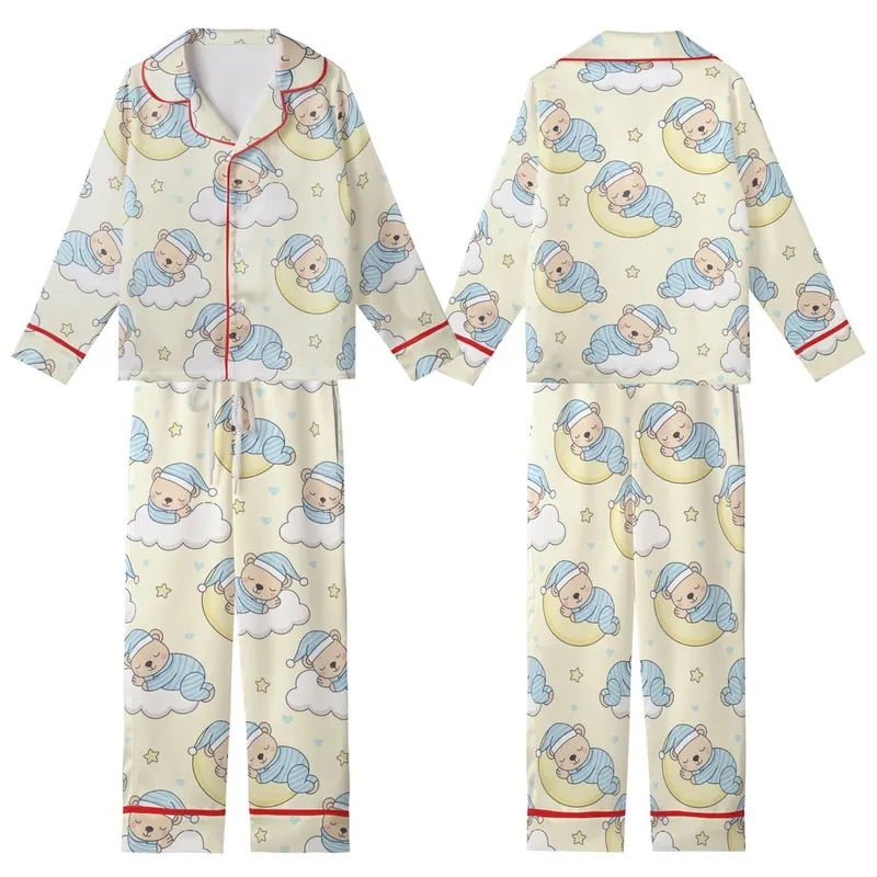 Whimsical Sleepy Bear Pastel Night Sky Digital Embroidery Design Kid Satin Pajamas Set - 1