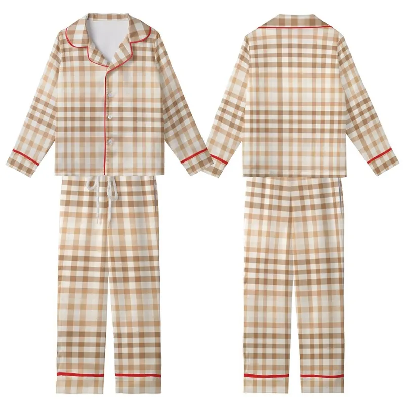 Women's Warm Brown Cream Geometric Plaid Organic Cotton Muslin Pajama Set Kid Satin Pajamas Set - 1
