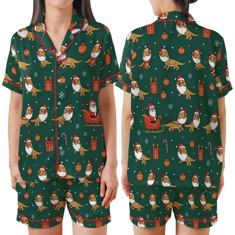 Bearded Dragon Christmas: Jovial Lizard Santa Sleigh Seamless Pattern Garment-Dyed Pajamas Satin Short-Sleeve Pajamas Set - 1