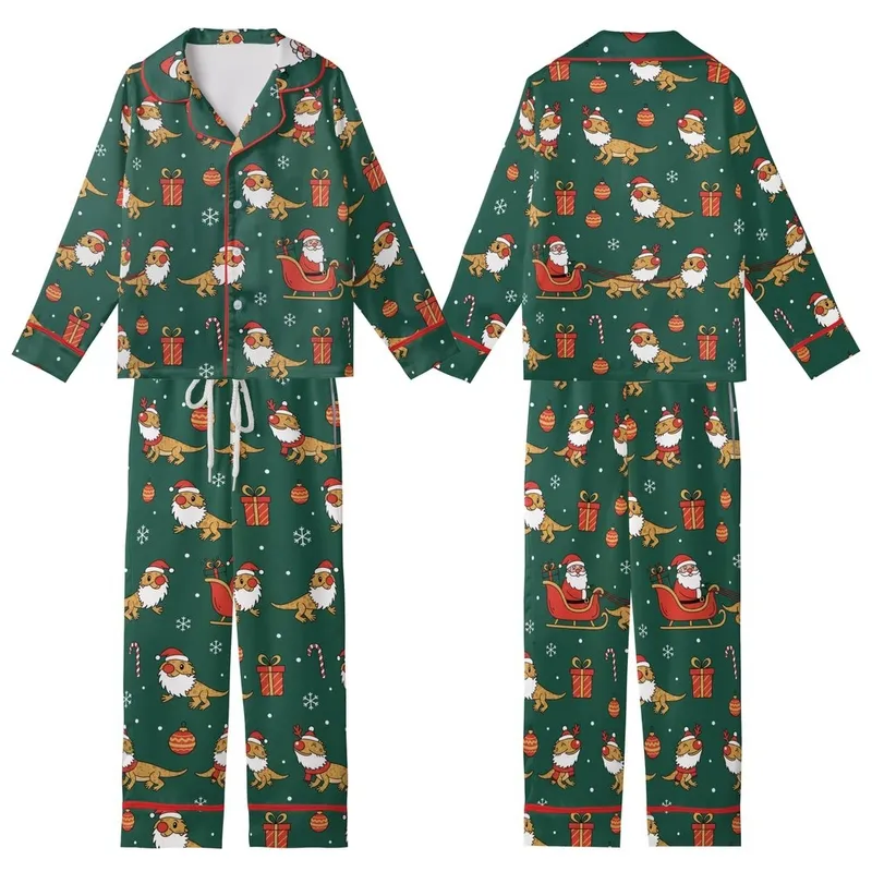 Bearded Dragon Christmas: Jovial Lizard Santa Sleigh Seamless Pattern Garment-Dyed Pajamas Kid Satin Pajamas Set - 1