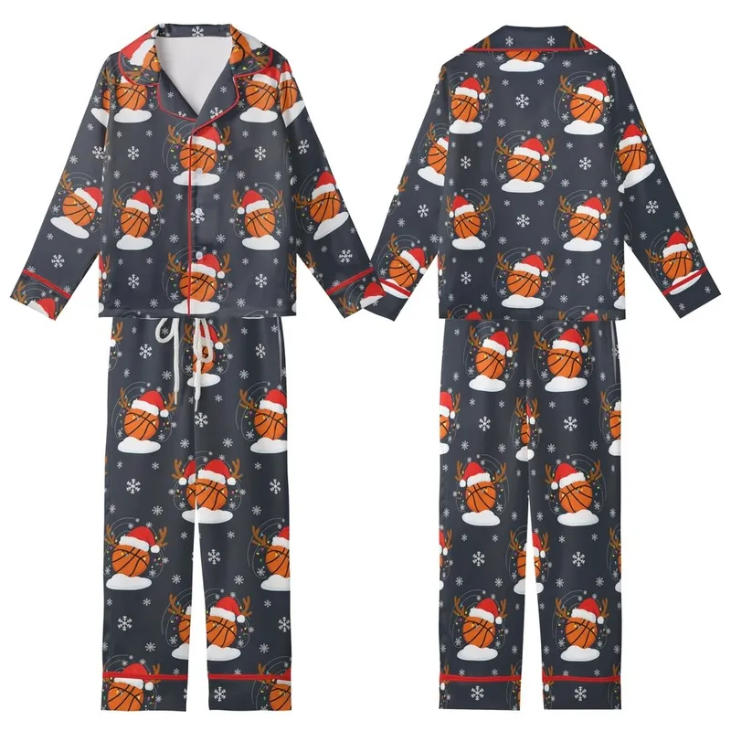 Basketball Lover's Whimsical Christmas Pattern: Santa Hat Hoops & Snowy Antlers Art Kid Satin Pajamas Set - 1