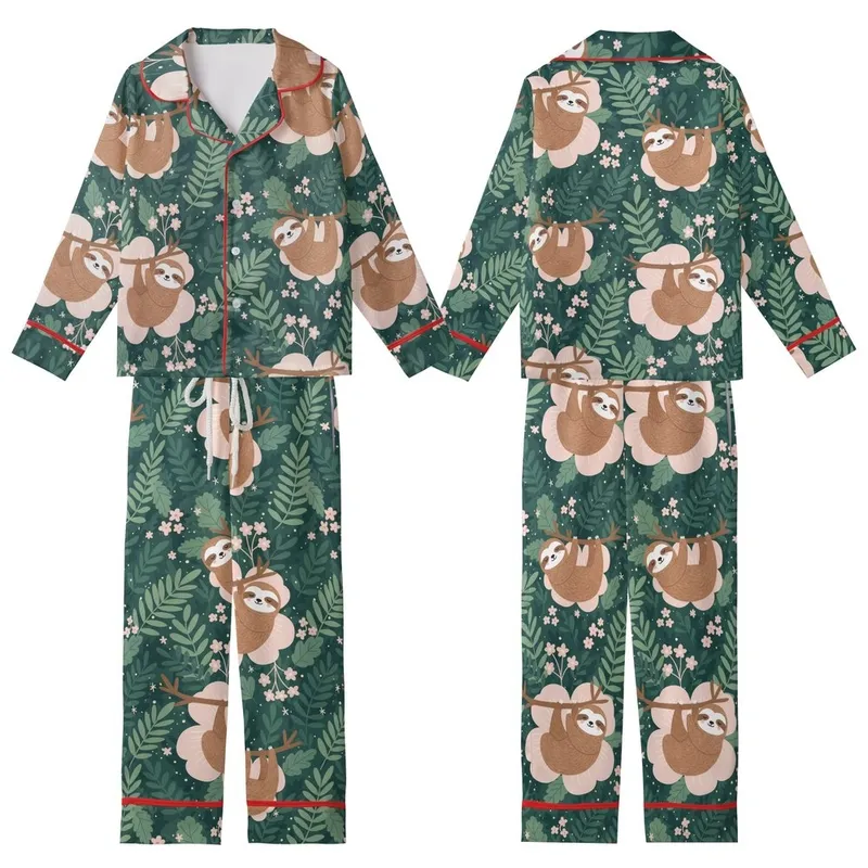 Women's Sloth Floral Pajama Pants: Tea-Loving Sloths & Rose-Pink Forest Foliage Kid Satin Pajamas Set - 1