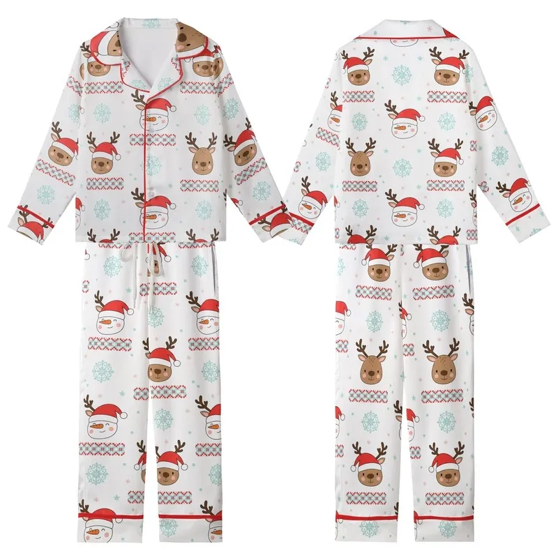 Cozy Christmas Pajamas: Cute Reindeer Snowman & Fair Isle Pattern Sleepwear Kid Satin Pajamas Set - 1