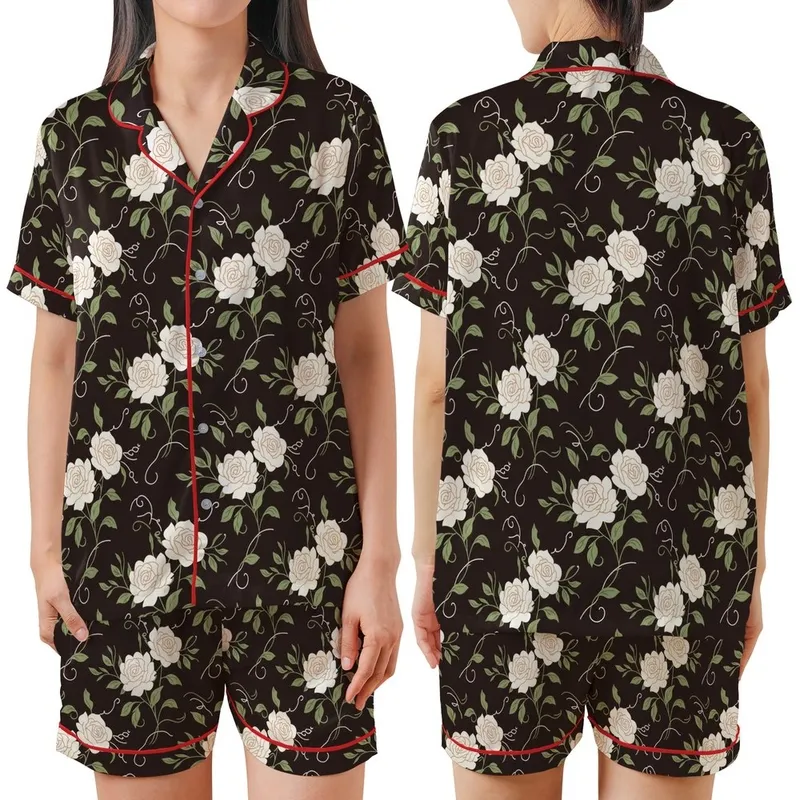 Bridesmaid Bridal Party Dark Brown Rose Botanical Satin Shorts & Cami Set Satin Short-Sleeve Pajamas Set - 1