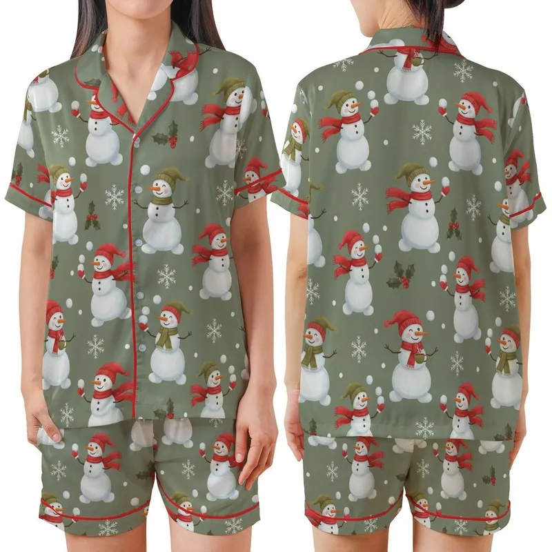 Women's Whimsical Snowman & Holly Pajamas: Muted Olive Winter Sleep Set Satin Short-Sleeve Pajamas Set - 1