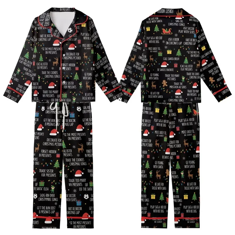 Family Group "Most Likely To" Christmas Pajamas: Festive Activity Pattern & Holiday Illustrations on Black Kid Satin Pajamas Set - 1