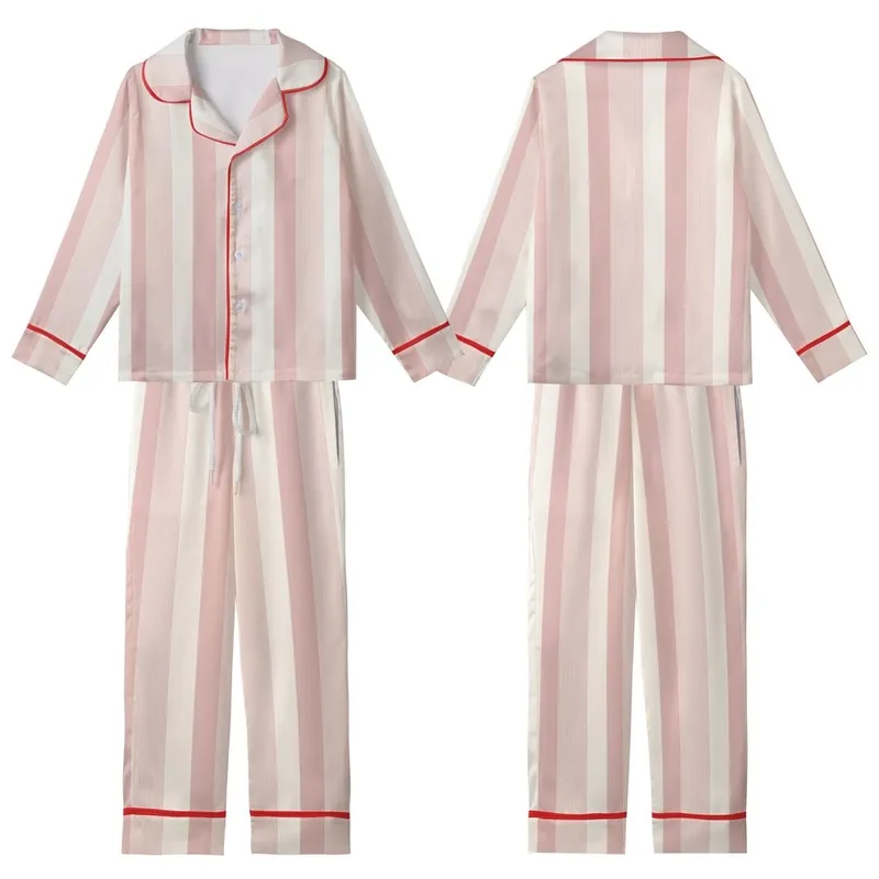 Women's Off-White Cream & Pastel Pink Rose Vertical Stripe Mulberry Silk Sleep Set Kid Satin Pajamas Set - 1