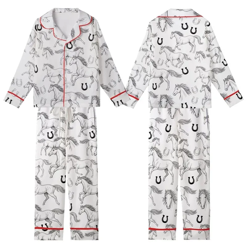 Horse Lover's Satin Pajamas: Vintage Hand-Sketched Black & White Equine & Horseshoe Set Kid Satin Pajamas Set - 1