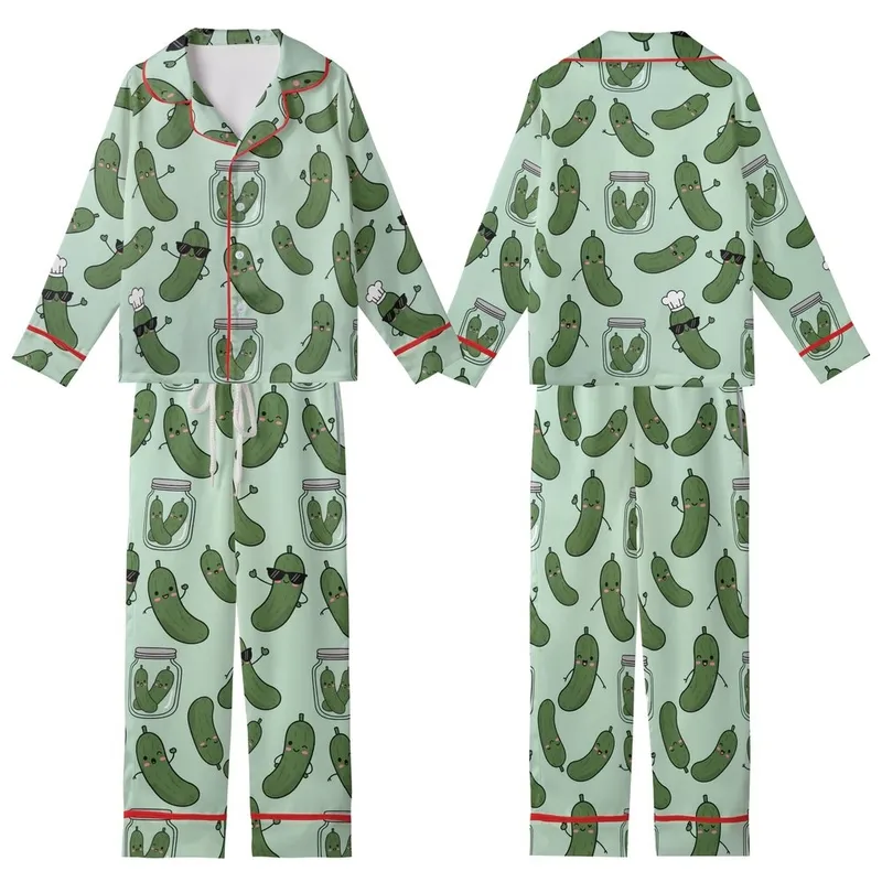 Pickle Lover's Whimsy: Hand-Drawn Smiling Chef Pickles & Jars Seamless Design Kid Satin Pajamas Set - 1