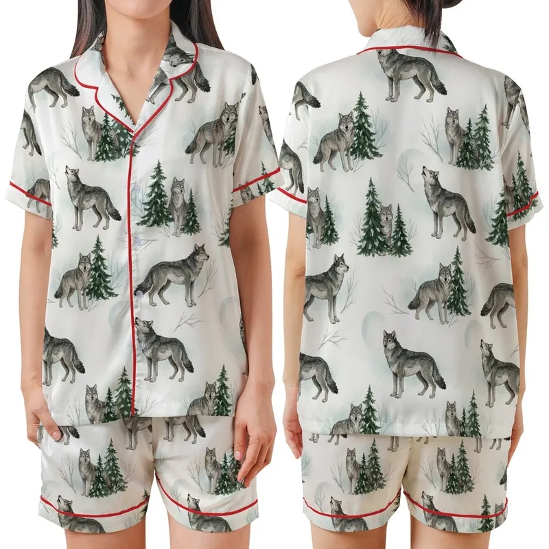 Winter Wolf Pack: Hand-Painted Watercolor Snowy Forest Seamless Art Satin Short-Sleeve Pajamas Set - 1