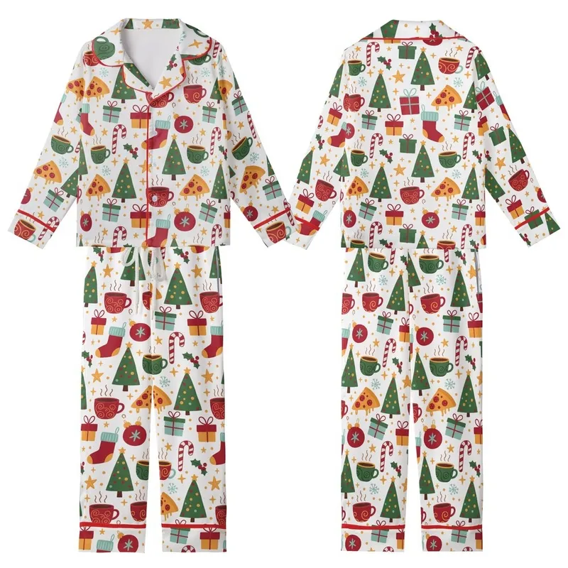 Festive Pizza Pajamas: Whimsical Christmas Tree, Candy Cane & Hot Cocoa Pattern - Cozy Holiday Sleep Set Kid Satin Pajamas Set - 1