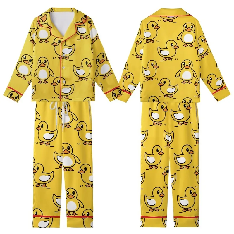 Playful Yellow Duck Pattern: Seamless Swimming Cartoon Ducks Flat Art Print Kid Satin Pajamas Set - 1