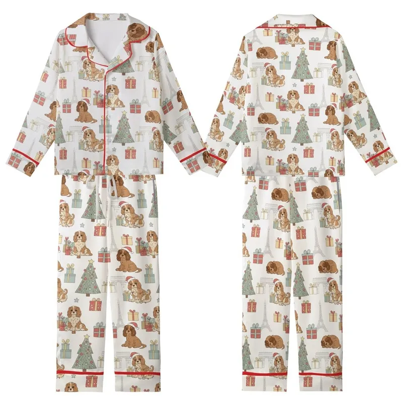Women's Whimsical Parisian Puppy Christmas Pajamas: Cavalier King Charles Spaniel & Eiffel Tower Sleep Set Kid Satin Pajamas Set - 1