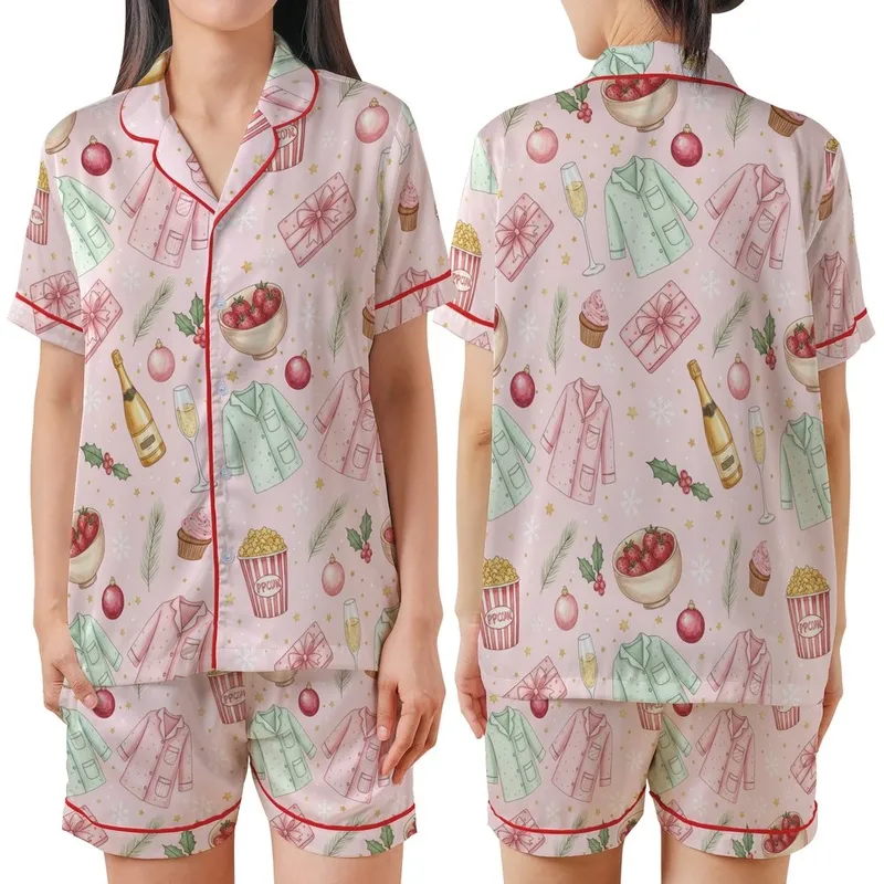 Festive Holiday Pajamas: Watercolor PJs Prosecco Pink Mint Gold Star Print Satin Short-Sleeve Pajamas Set - 1