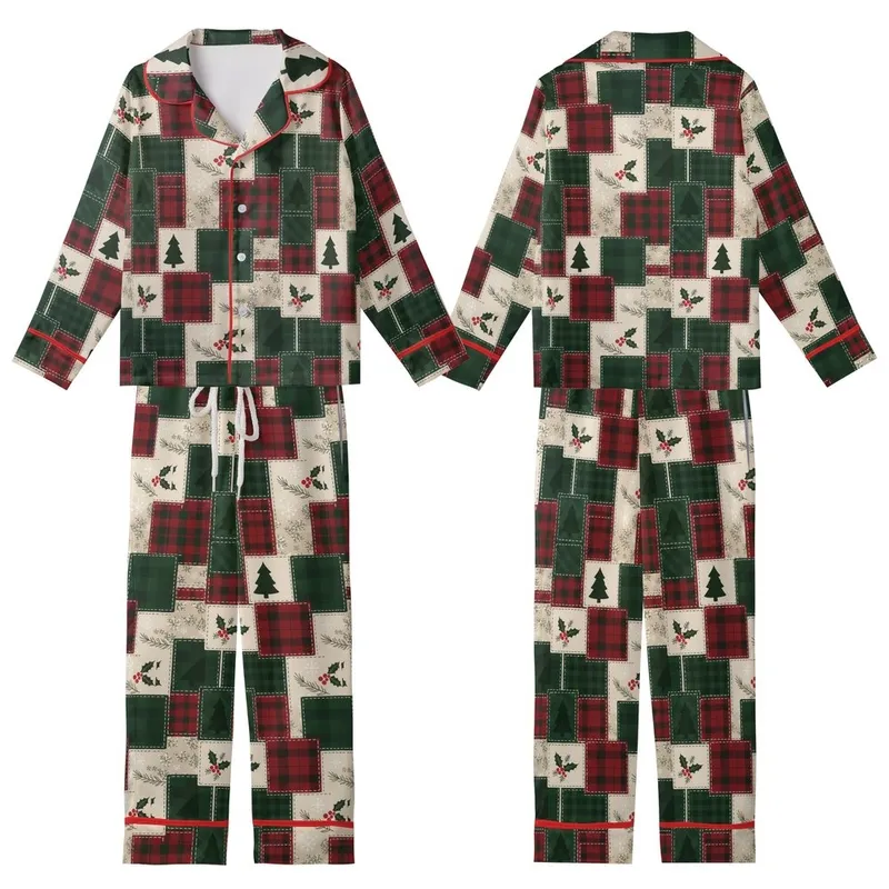 Family Retro Christmas Loungewear: Quilted Tartan Plaid Patchwork, Holly Tree & Snowflake Design Kid Satin Pajamas Set - 1