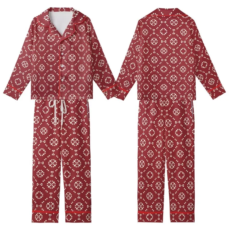 Heritage Geometric: Cranberry White Interlocking Squares & Diamond Pattern - Art Motif Kid Satin Pajamas Set - 1