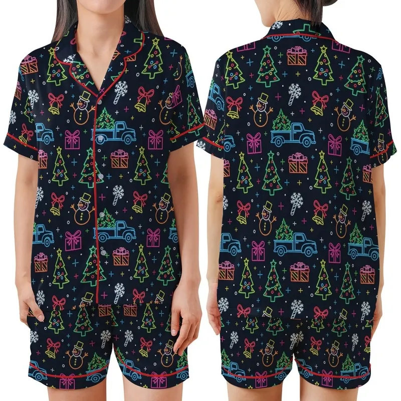 Women's Retro Neon Christmas Snowman Tree Holiday Polyester Spandex Sleep Set Satin Short-Sleeve Pajamas Set - 1