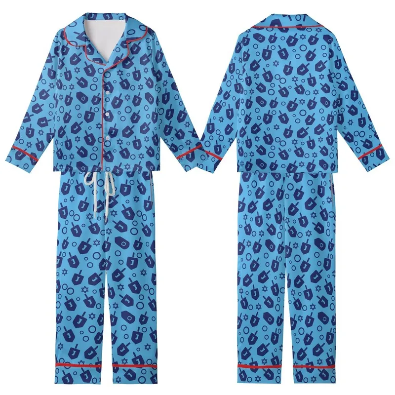 Hanukkah Festival: Dark Blue Dreidel Gelt Star Flat Graphic All-Over Print Kid Satin Pajamas Set - 1
