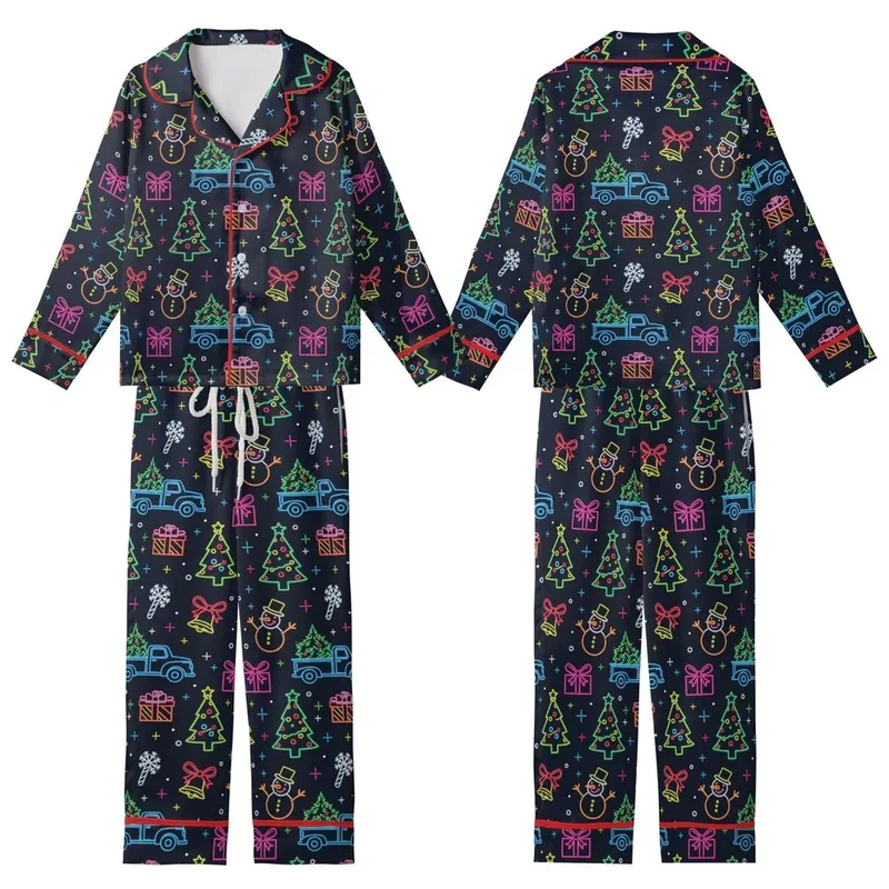 Women's Retro Neon Christmas Snowman Tree Holiday Polyester Spandex Sleep Set Kid Satin Pajamas Set - 1