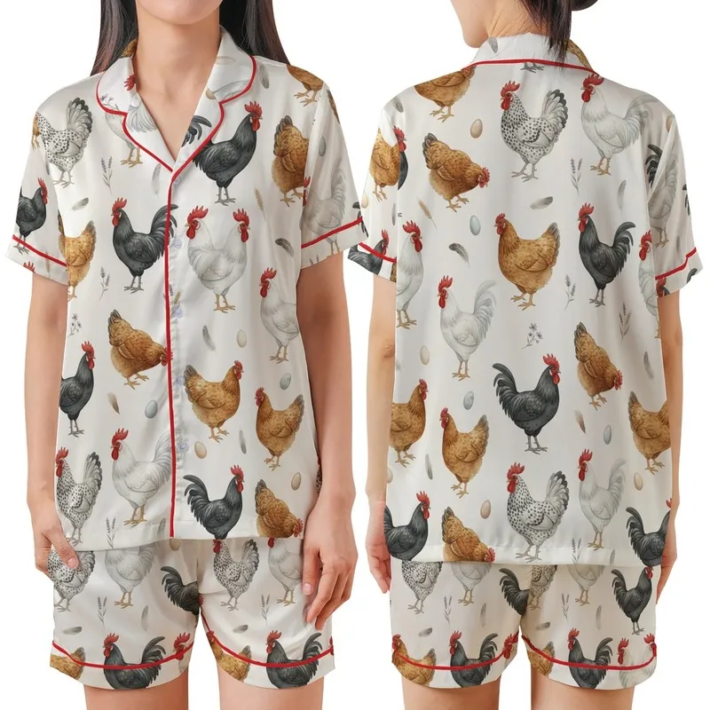 Women's Valentine Coquette Watercolor Farm Fowl Pajamas: Rooster, Hen & Wildflower Print Satin Short-Sleeve Pajamas Set - 1