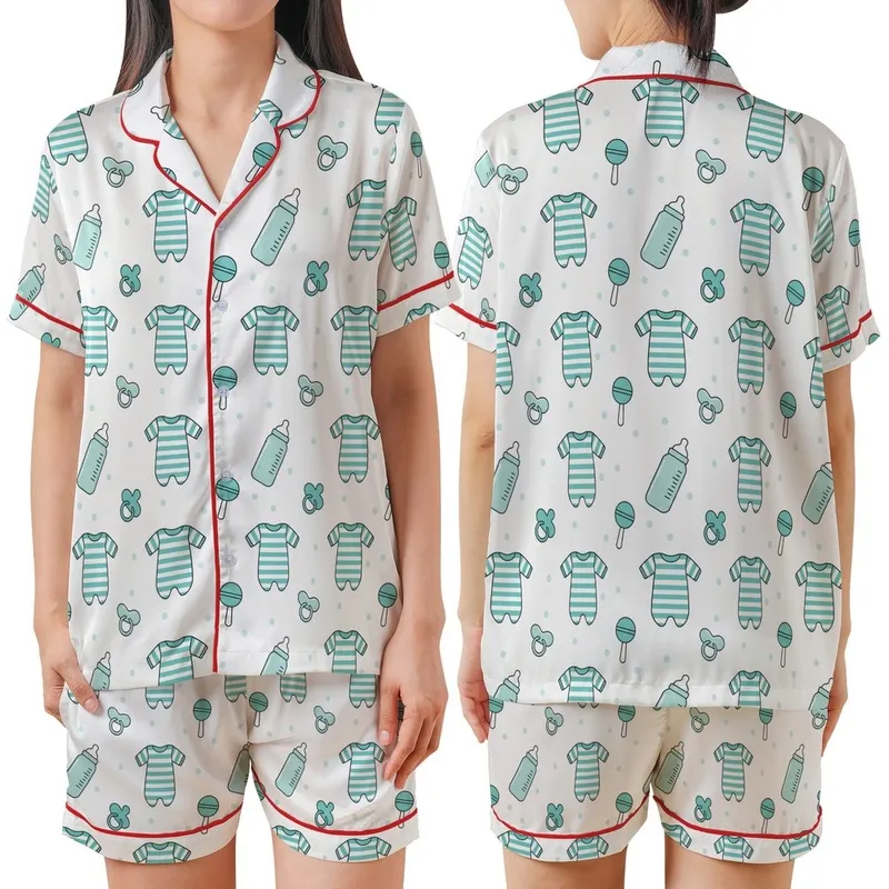 New Parent Pajamas: Vibrant Turquoise Baby Sleepsuit & Bottle Pattern - Cozy Sleep Set Satin Short-Sleeve Pajamas Set - 1