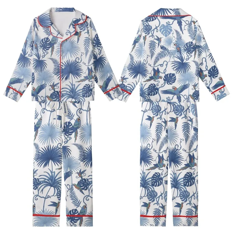 Azure Blooms Pyjama Set: Hand-Drawn Indigo Tropical Birds 100% Cotton Loungewear Gift Kid Satin Pajamas Set - 1